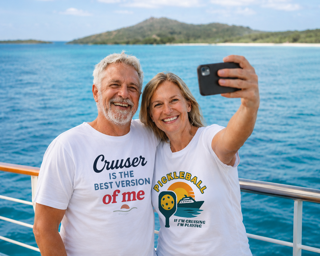 Two people taking a selfie on a boat with a scenic background